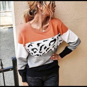 Color-block Coral/Leopard Print Sweater